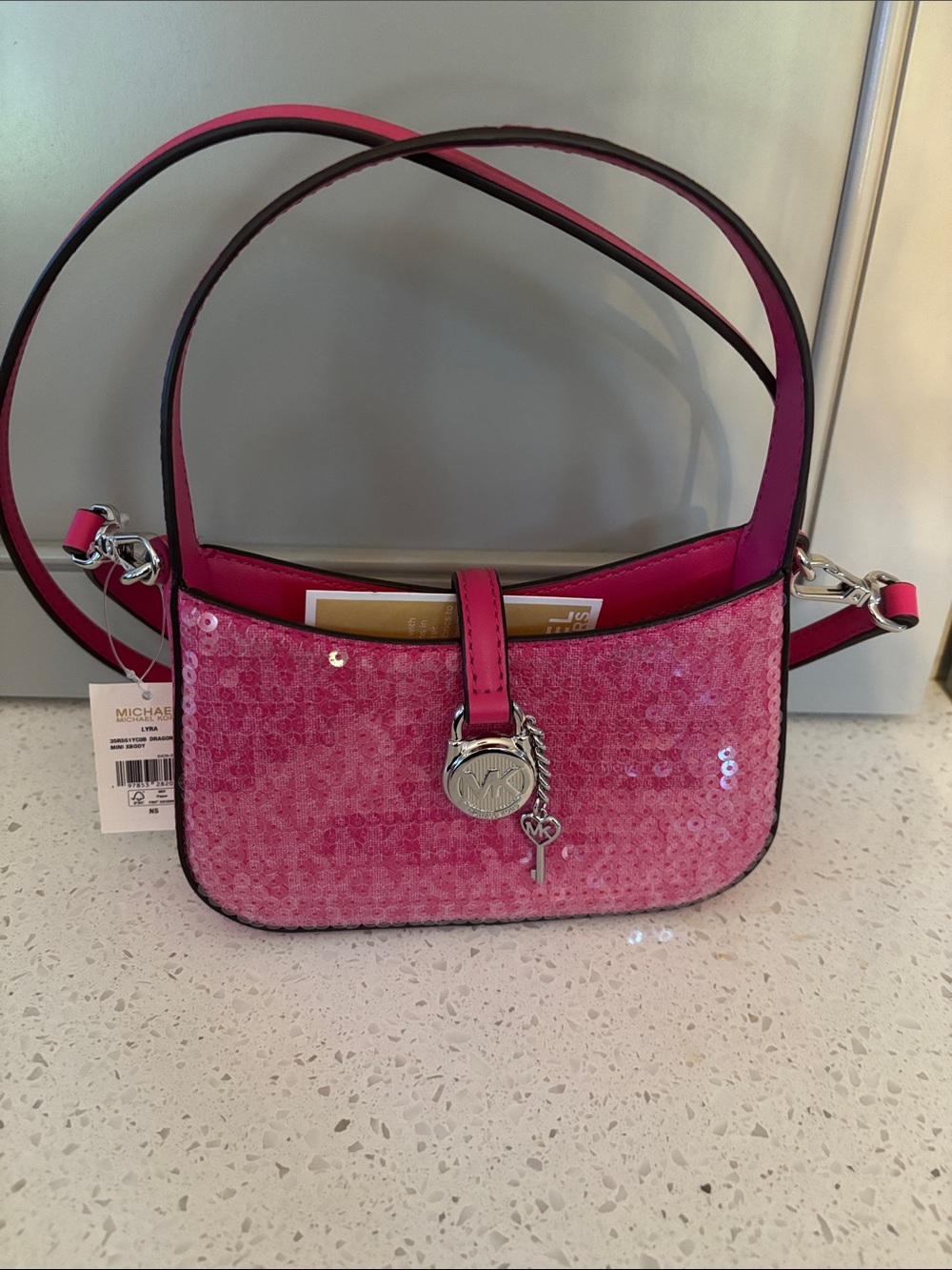 Michael Kors Hot Pink Lyra Dragonfruit Mini Sequin Crossbody Bag NWT